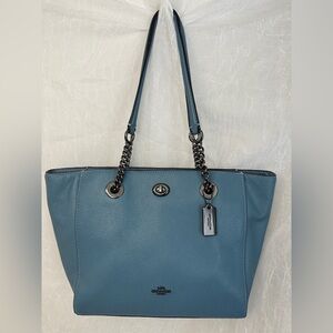 Coach Blue Leather Tote with Gun Metal Hang Tag and Chain Straps